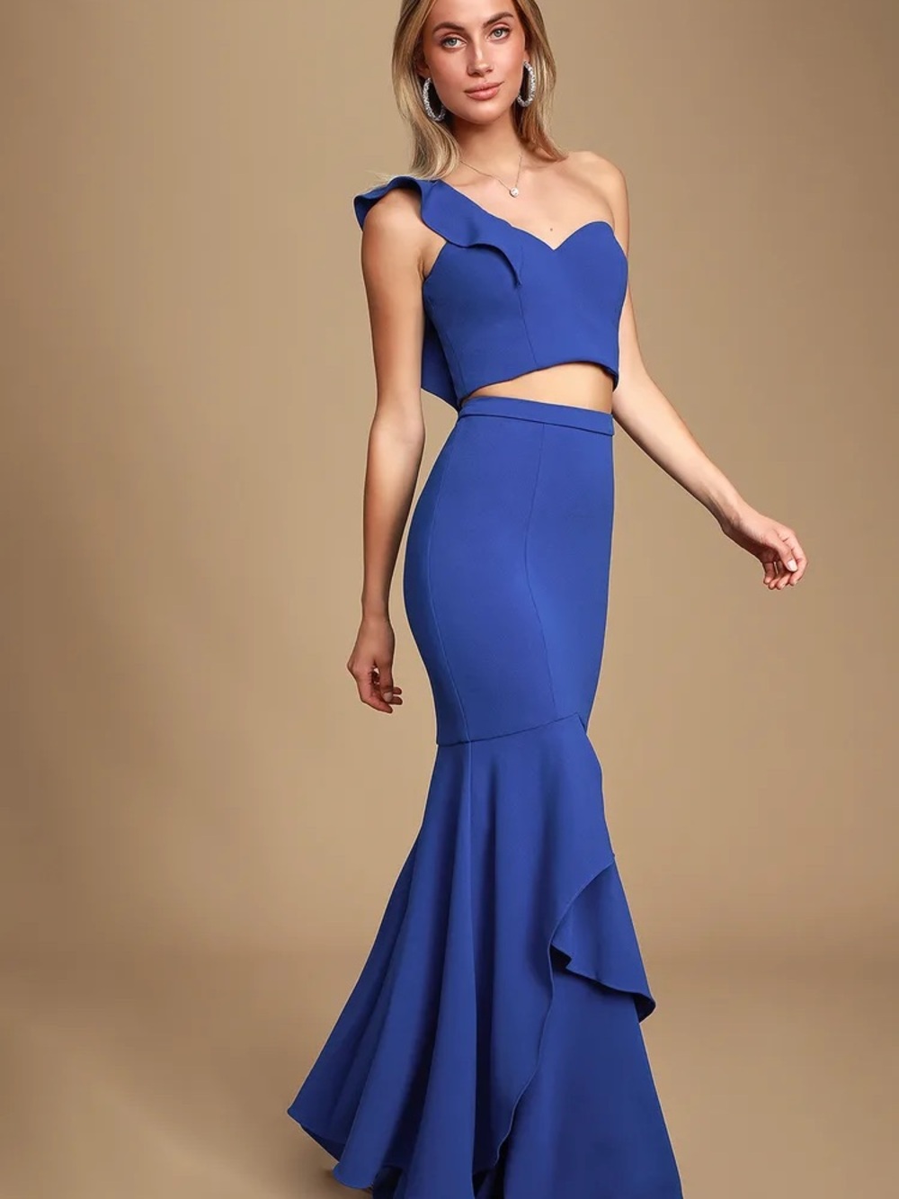 Bariano - One-Shoulder Royal Blue Matching Crop Top & Skirt Ruffle Mermaid US 6